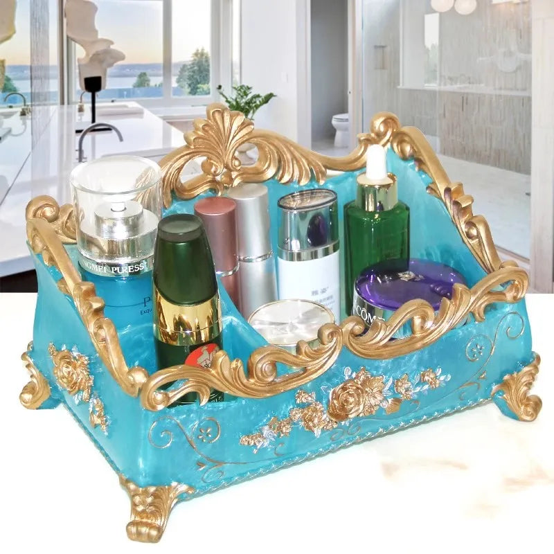 organisateur maquillage réutilisable résine fleurée classique beige doré rose bleu
