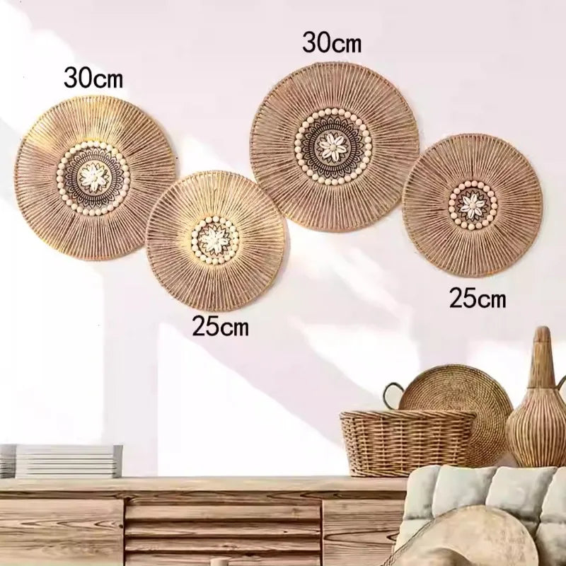 Assiettes décoratives boho tissées motifs géométriques naturel noir blanc fixations rondes