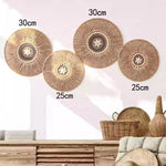 Assiettes décoratives boho tissées motifs géométriques naturel noir blanc fixations rondes