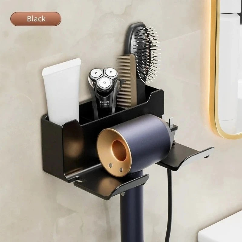 séchoir cheveux support mural noir or moderne rangement salle bain adhésif transparent brosse rasoir