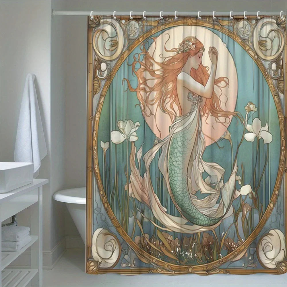 rideau douche sirène art nouveau vert beige blanc or motifs floraux 180cm large