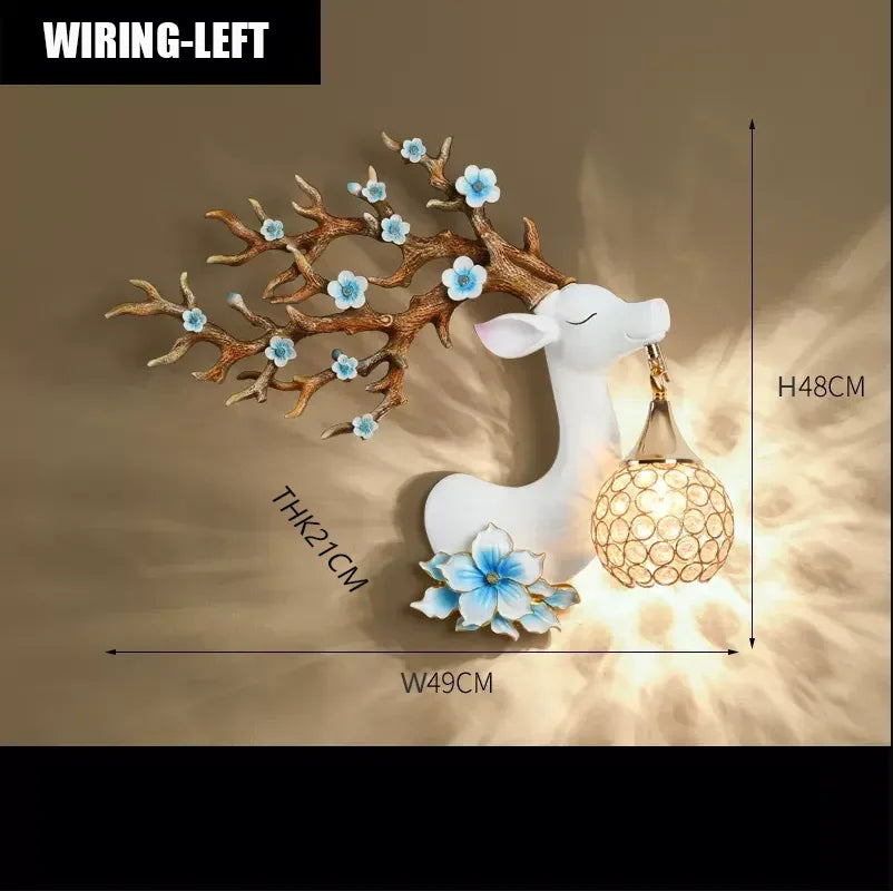 lampe murale moderne branches fleurs strass tête cerf blanc doré bleuclair