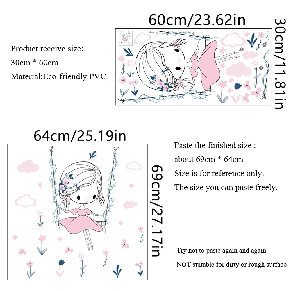 sticker mural fille balançoire fleurs nuages autoadhésif pvc eau illustration colorée chambre enfant
