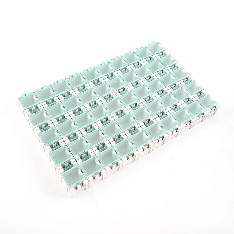 boîtes rangement électroniques transparentes vert rouge bleu jaune noir pratiques clips compactes