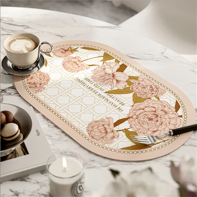tapis table rose fleurs vert feuilles classique romantique PU respectueux environnement 45x30cm