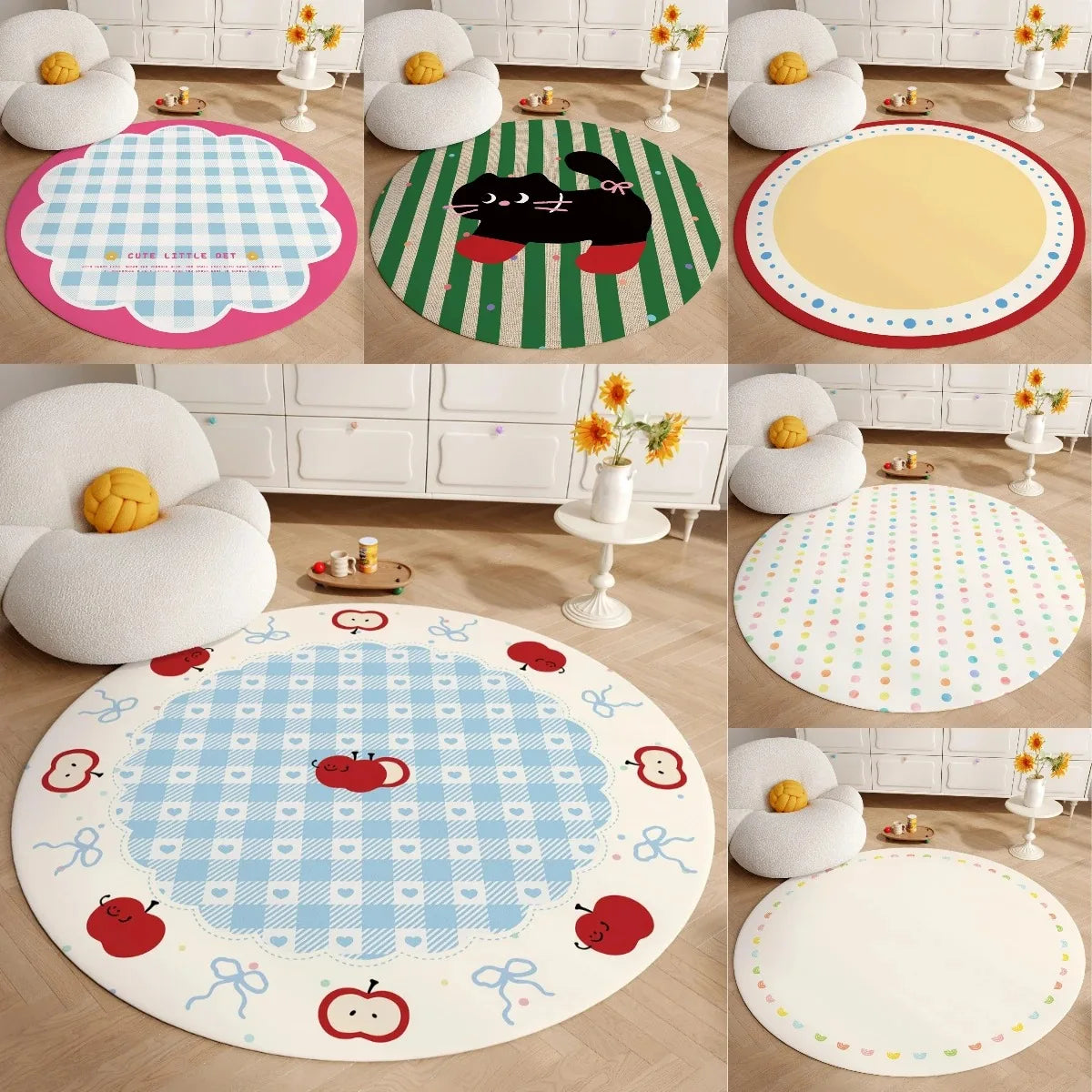 tapis rond carreaux colorés moderne enfantin bleu blanc rose vert polyester antidérapant chambre salon