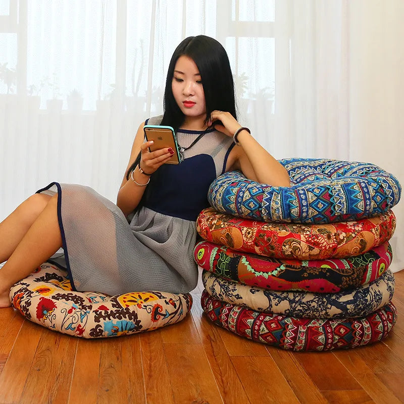 coussin rond multicolore motif floral ethnique opale fibre mélangée coton yoga salon thé