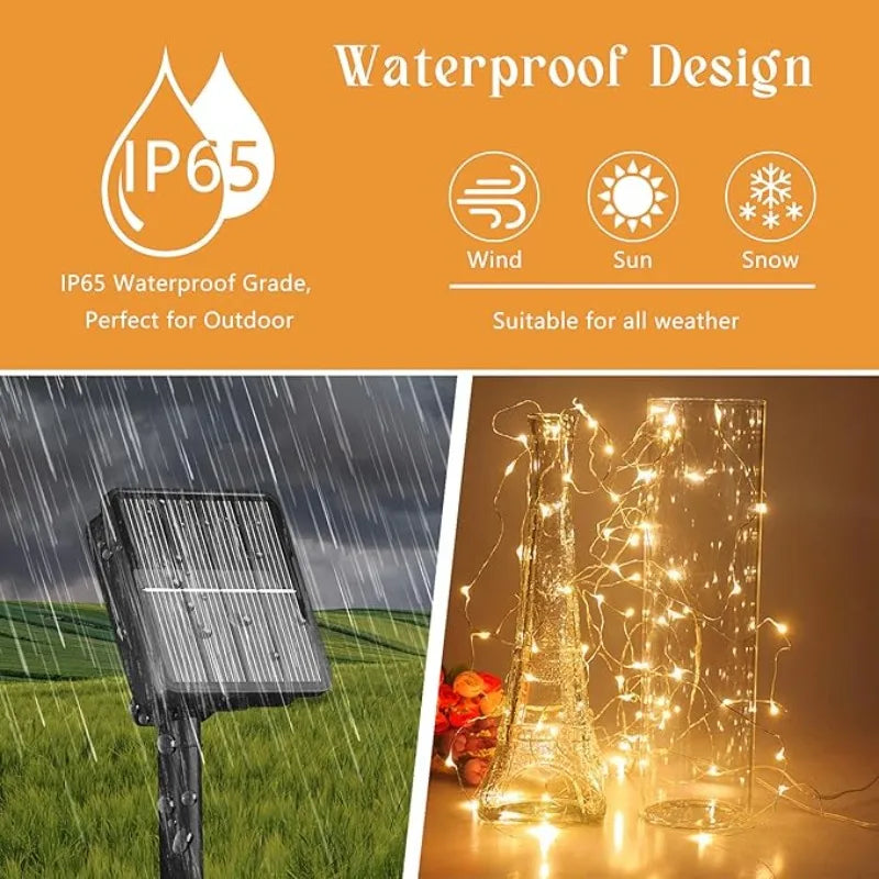 guirlande lumineuse solaire extérieure fil cuivre blanc doré led étanche décoration jardin terrasse mariage