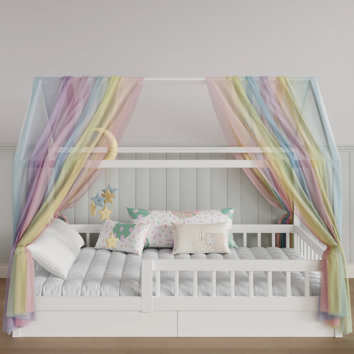 rideau arc ciel enfant lit cabane rayures horizontales multicolore moderne oreillers coussins tapis