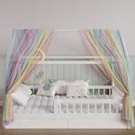rideau arc ciel enfant lit cabane rayures horizontales multicolore moderne oreillers coussins tapis