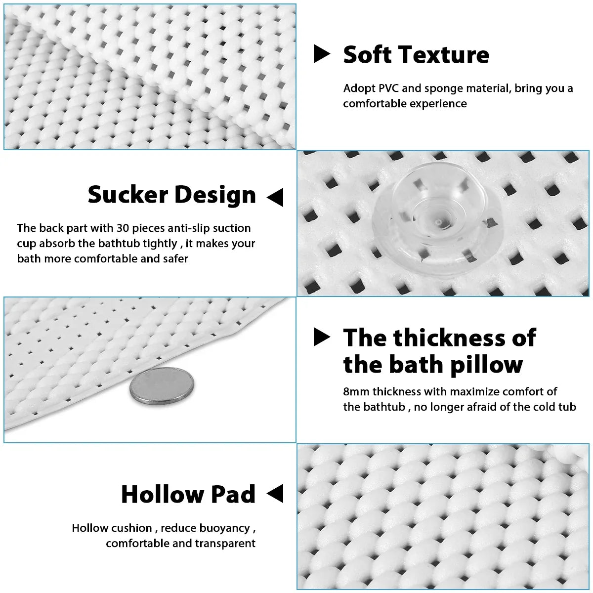 tapis bain blanc anti dérapant coussin tête ventouses alvéoles moderne sécurité salle bain