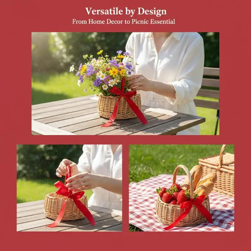 panier osier tressé naturel rouge poignée ruban satin classique rustiqueintérieur decoration