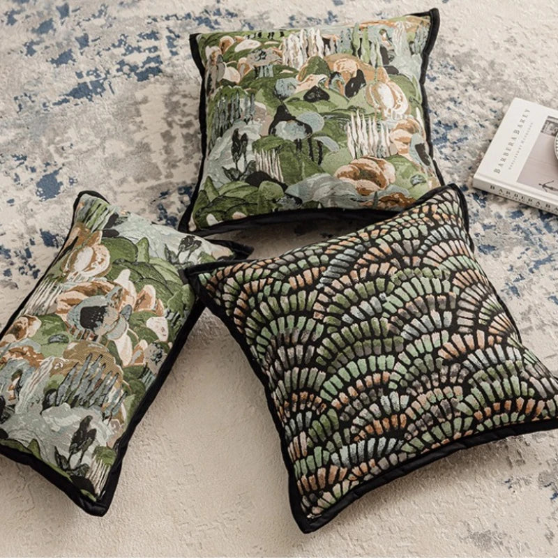housse coussin jacquard motif forêt tropicale noir vert beige blanc décor maison voiture 45x45cm
