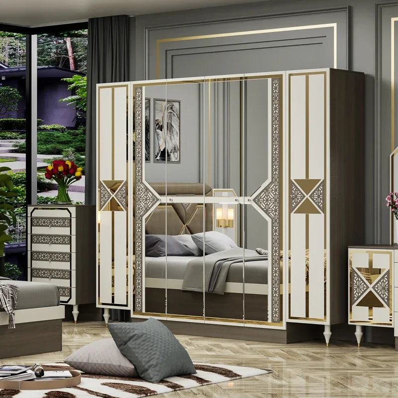 Ensemble chambre bois moderne avec tête de lit cuir gris clair