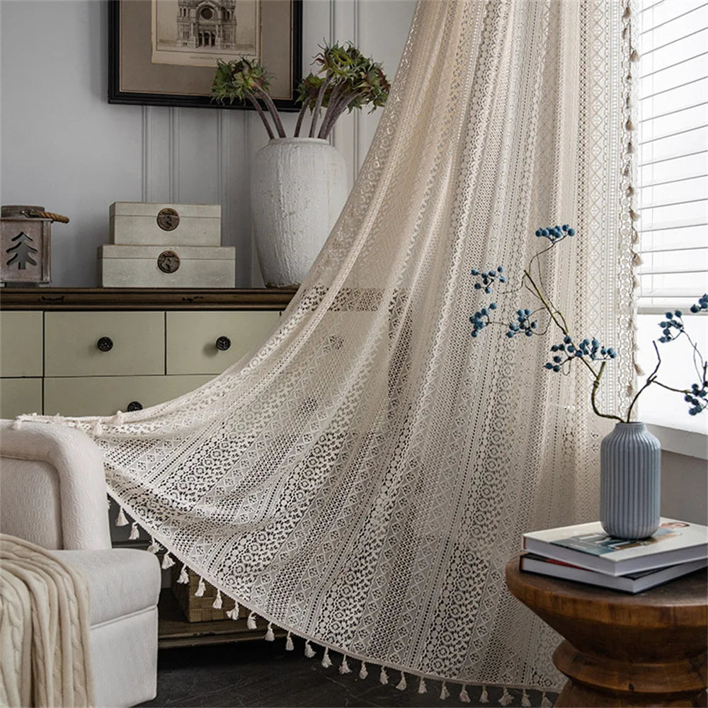 rideau dentelle fine blanc motif géométrique translucide classique romantique tassellets chambre salon