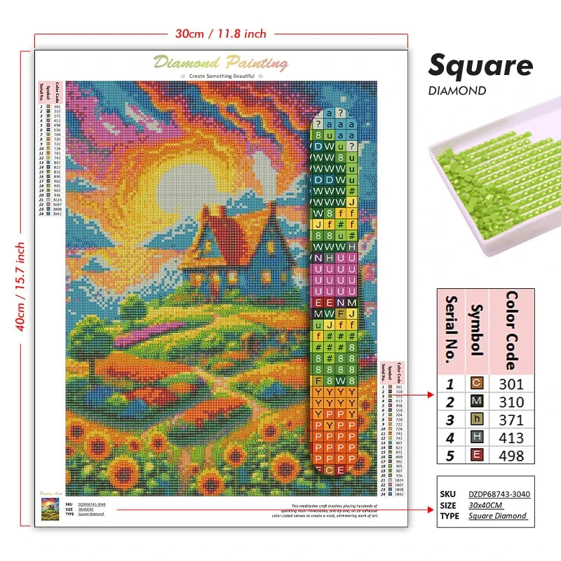 tableau diamant paysage montagne fleur soleil multicolore toile diamants stylo plateau sac réutilisable