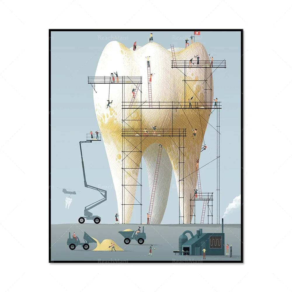 L'image montre un paysage surréaliste avec de grands objets en forme de dents en construction, avec des ouvriers et des équipements de chantier en activité.