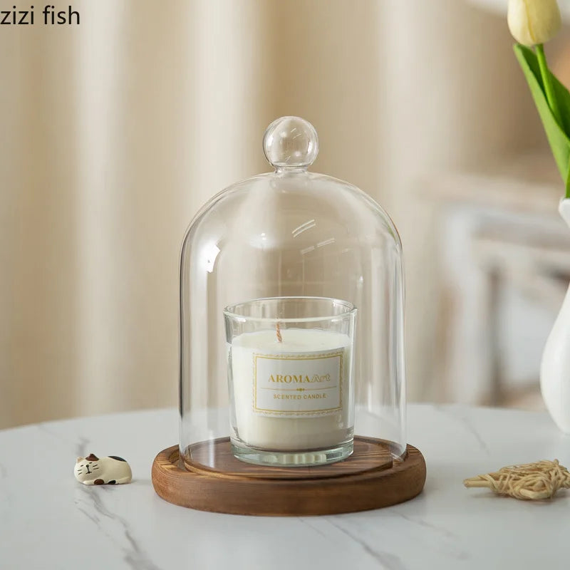 cloche verre transparent base bois bougie parfumée pinçon décoratives