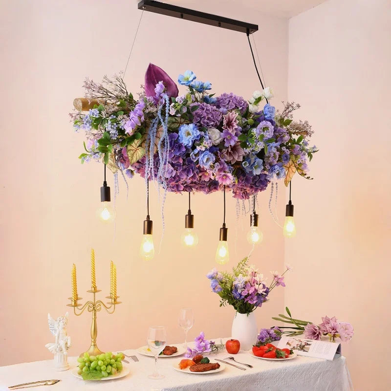 suspension lumineuse moderne violet fleurs artificielles chaîne noire led guirlande interrupteur tactile 2000lm