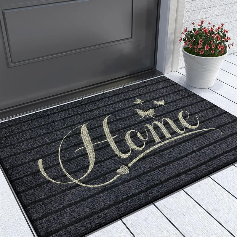 tapis d'entrée noir rayures horizontales broderie dorée moderne antidérapant