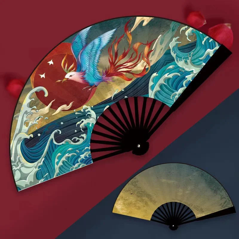 éventail traditionnel artisanal peinture artistique motifs floraux ruban décoratif couleurs vives