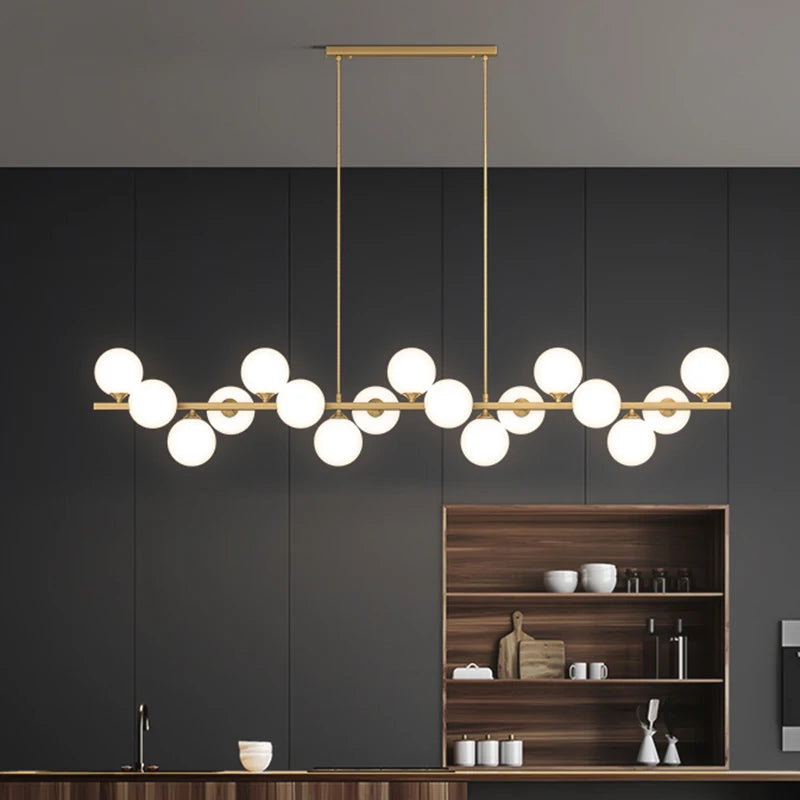 lustre suspension moderne blanc or boules sphériques éclairage salon salle manger