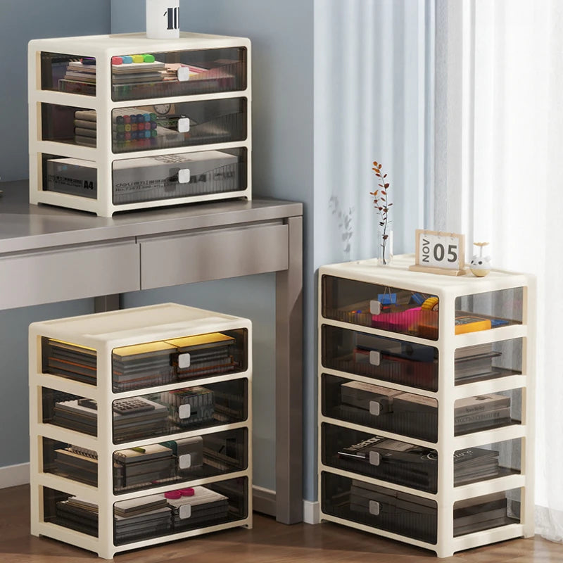 boîte rangement tiroirs transparents moderne beige clair compartiments organisation maison maquillage documents A4