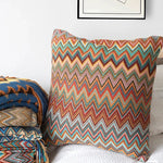 coussin carré zigzag multicolore ethnique polyester coton décoration intérieure chaise fixations oreillettes