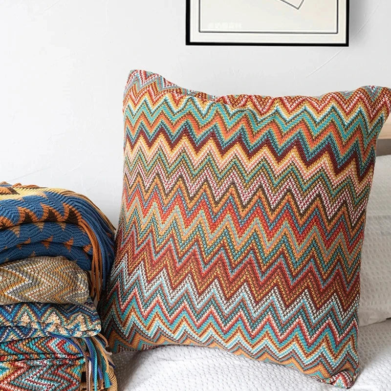 coussin carré zigzag multicolore ethnique polyester coton décoration intérieure chaise fixations oreillettes