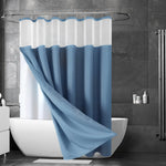 rideau douche moderne bleu clair imperméable double couche anneaux inox blanc opaquet gouttes d'eau