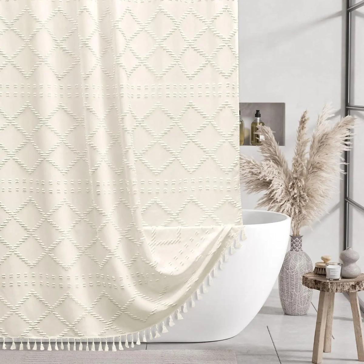 rideau douche bohème polyester semi transparent losanges crème franges tringle éco responsable
