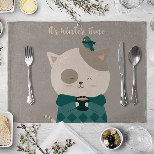 tapis table rectangulaire lin beige motif renard ours fleurs enfant cuisine