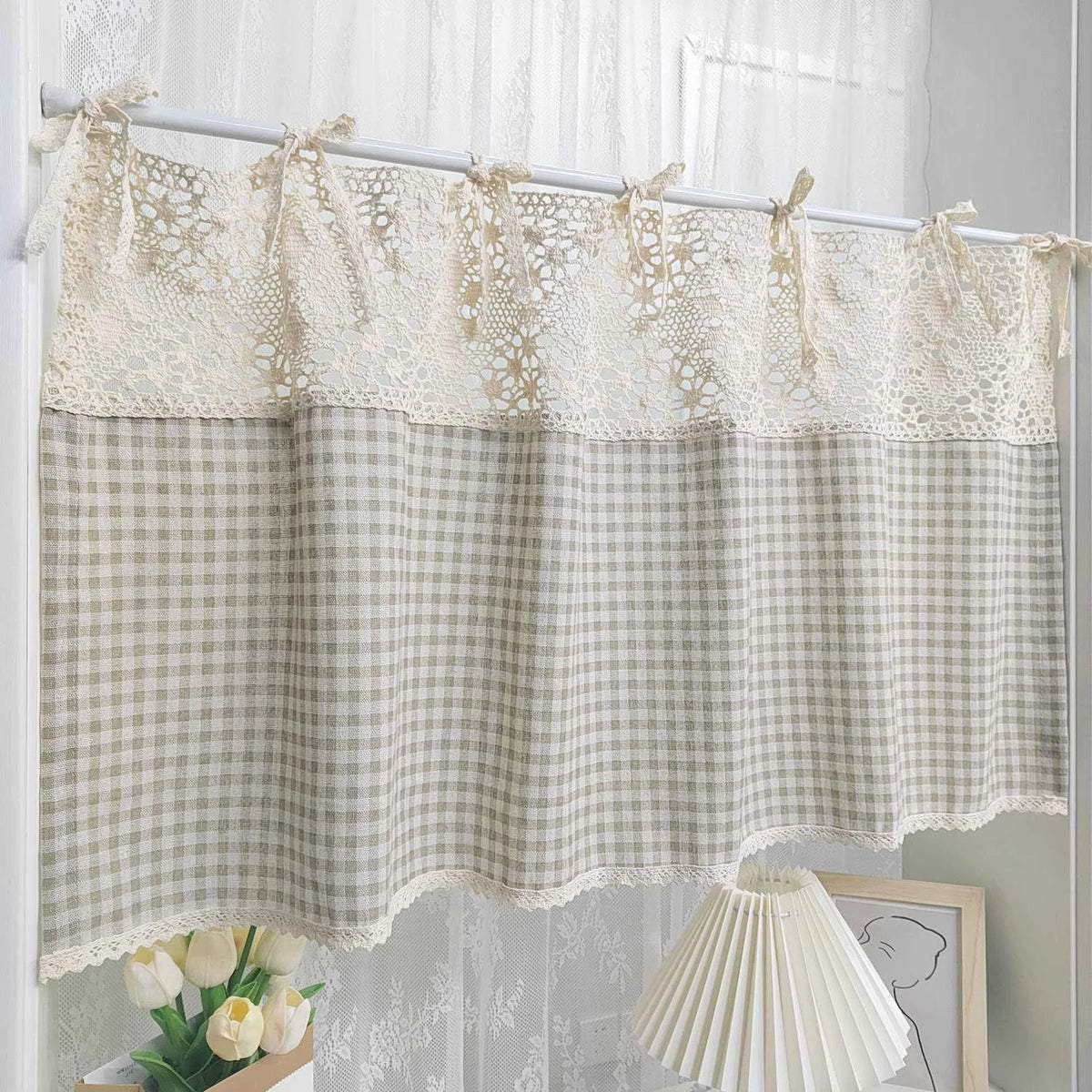 rideau fenêtre maison opacité beige gris carreaux dentelle vintage rustique