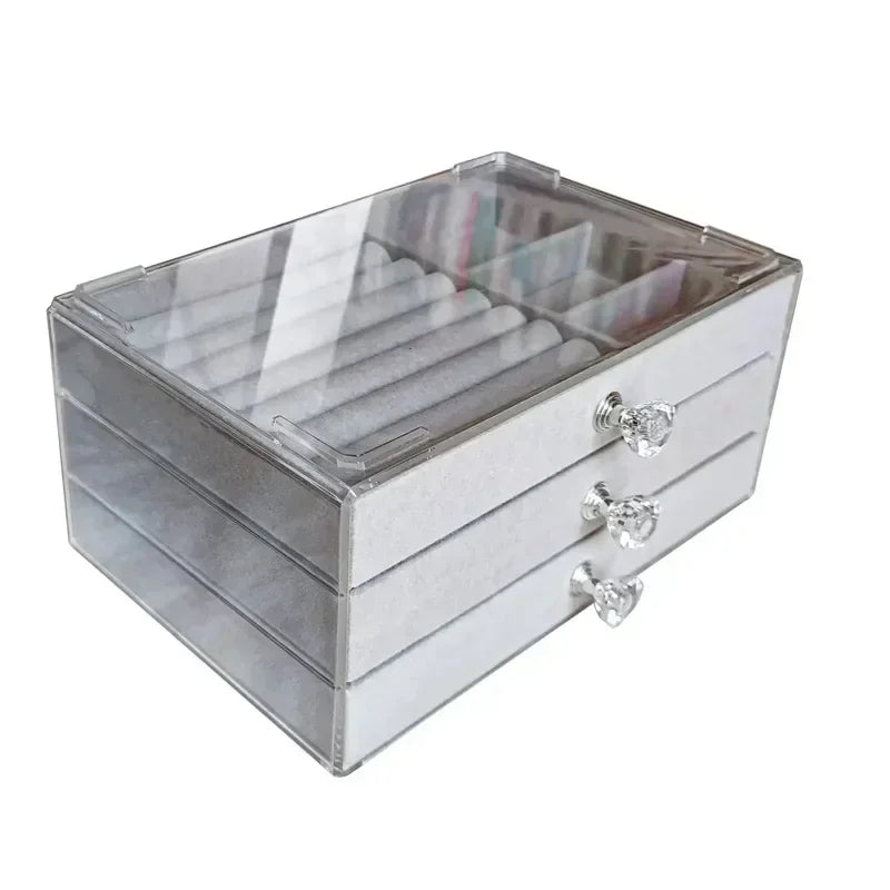 boîte rangement bijoux velours transparent moderne tiroirs respectueux environnement rose gris élégant