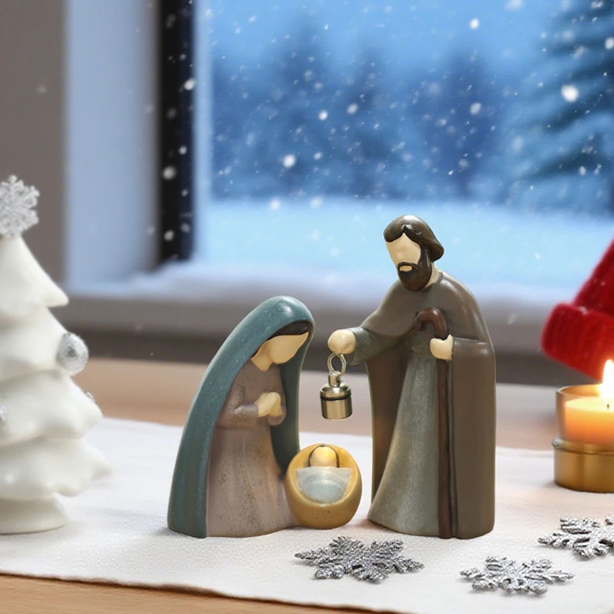 statue crèche noël bébé résine bleu gris classique lampe led intégrée occasion chrétienne