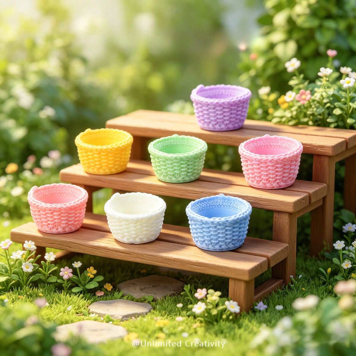 paniers tressés résine couleur jaune vert rose bleu blanc rustique décoration miniature maison poupée