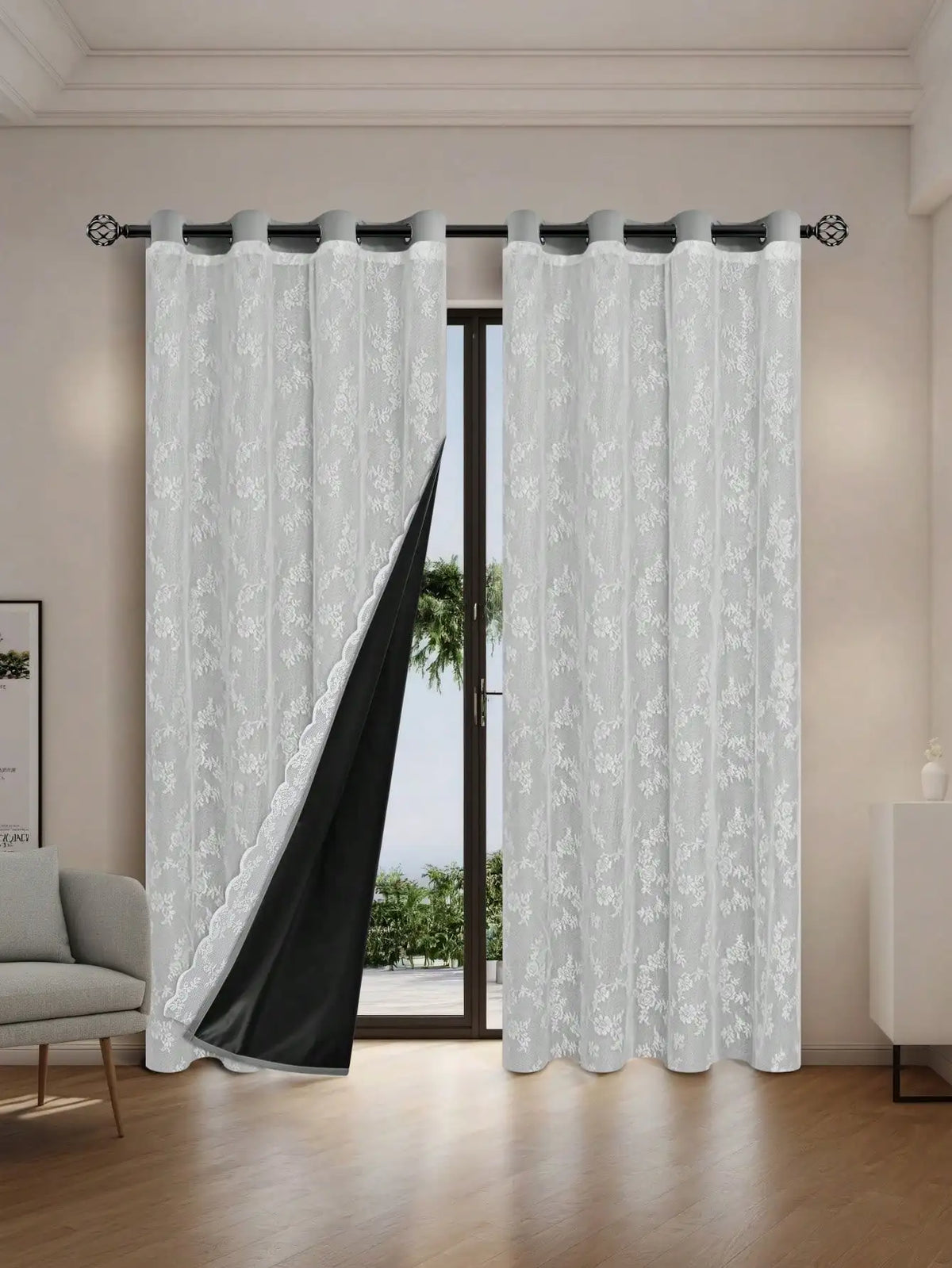 rideau brodé classique polyester translucide blanc gris 100x130cm anneaux