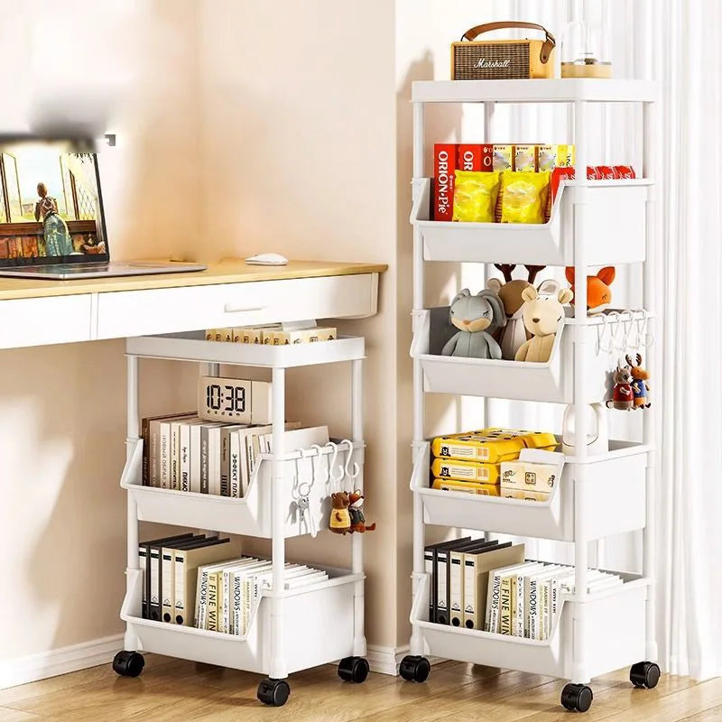 chariot rangement blanc moderne roulette double étage cuisine organisation produits ménagers livres jouets support