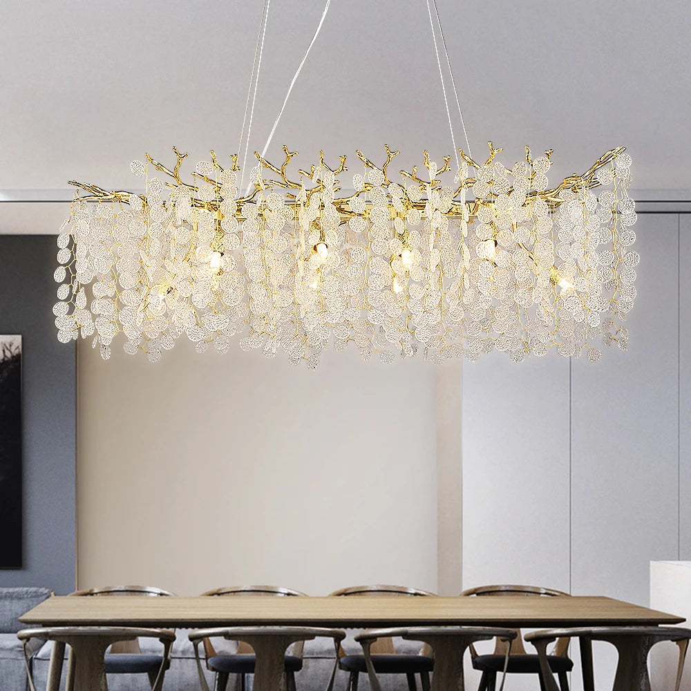 Suspension lumineuse moderne or blanc feuilles dorées 100cm 120cm 150cm 180cm led élégante