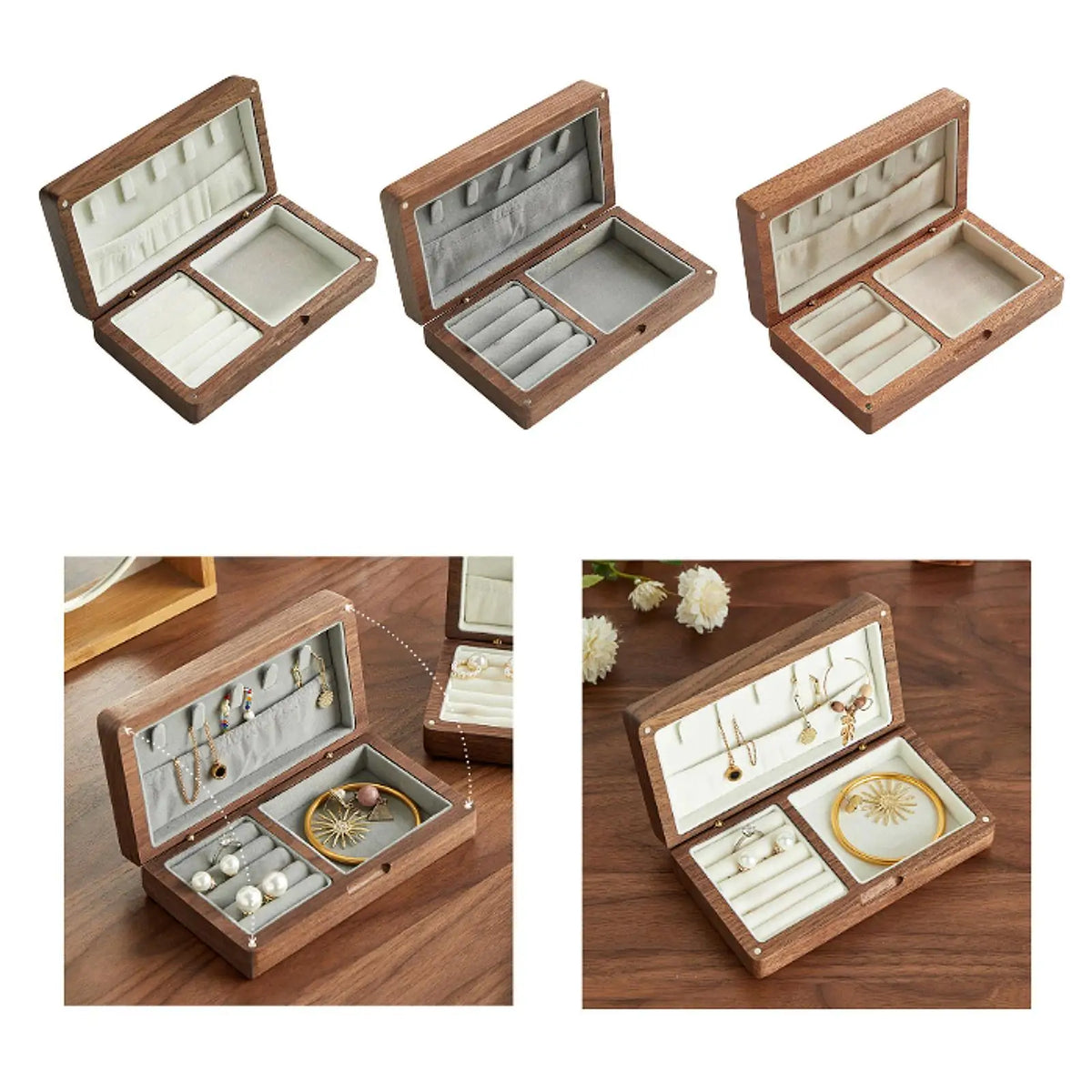 boîte bijoux bois marron boîte trinkets intérieur velours classique boîte épingles opacité affichage bijoux
