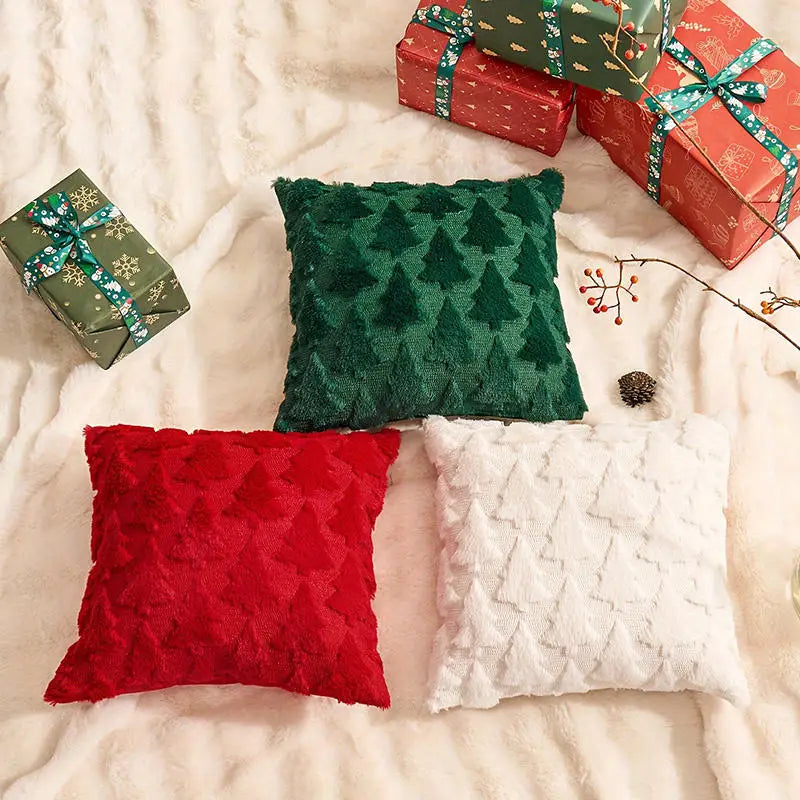 housse coussin noël motif arbre vert rouge blanc decoration maison festive 45x45cm
