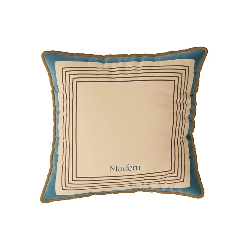 taies d'oreillers carrées modernes carreaux géométriques bleu beige marron velours 45x45cm 55x55cm lit canapé