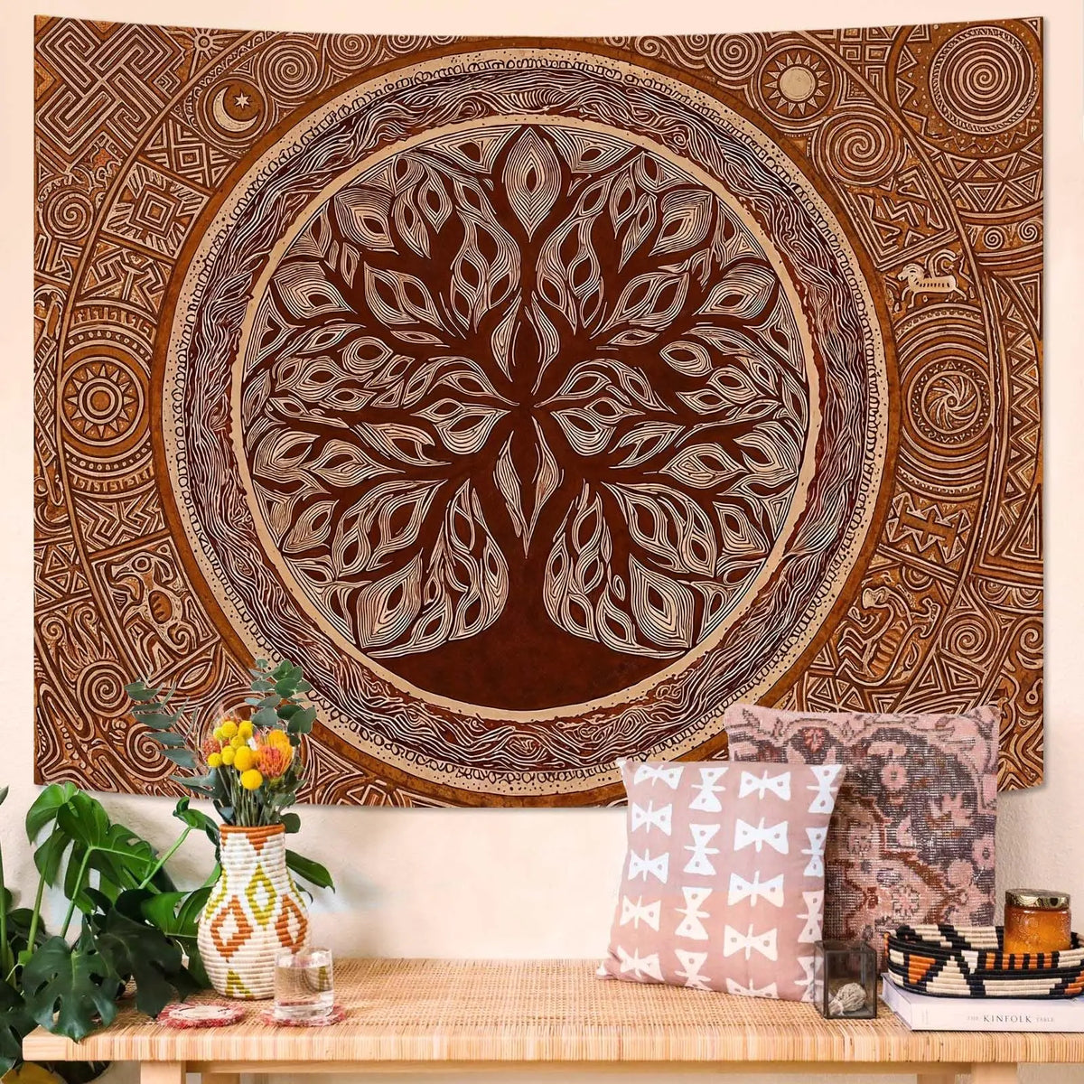 tapisserie bohème mandala motifs floraux marron orange beige douce chambre coucher