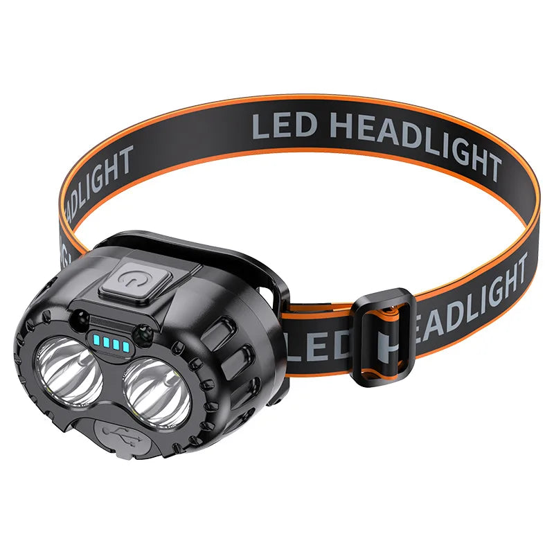 lampe frontale led noire orange moderne ceinture ajustable intelligence onde affichage puissance imperméable camping