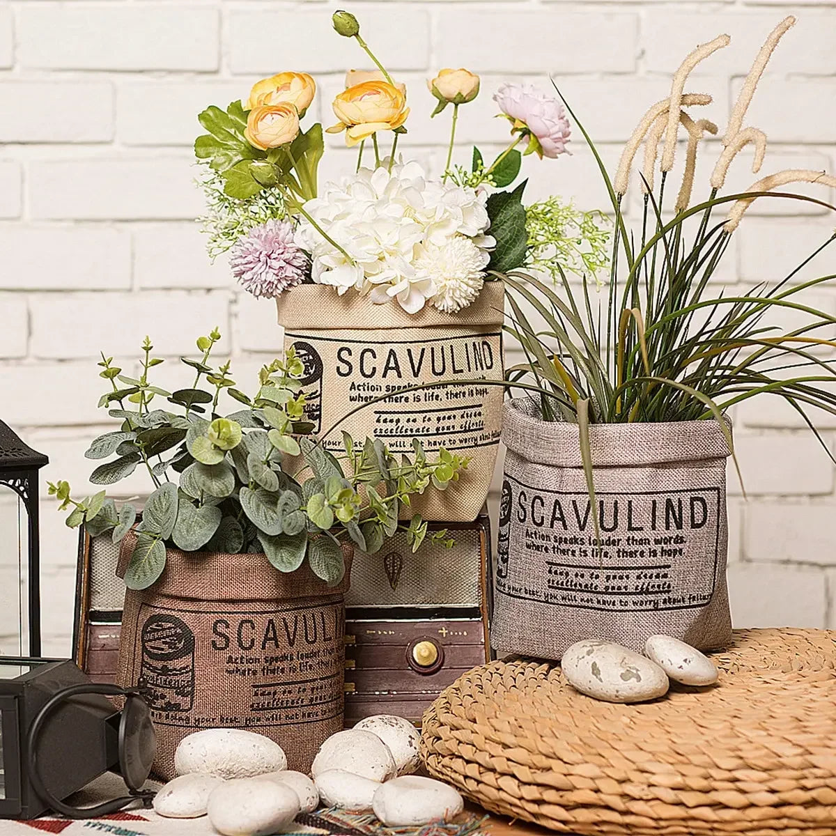 sacs fleurs vintage faux herbes pierres décoratives beige gris bleu lin rustic