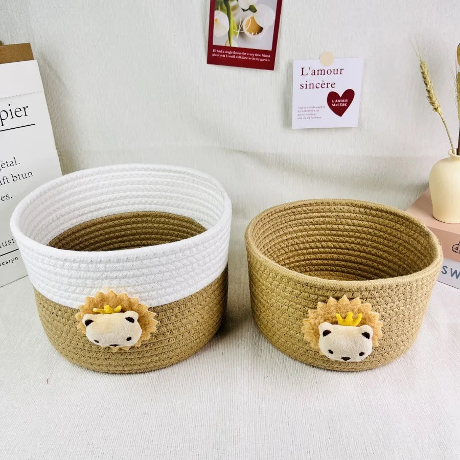 paniers tissus motif lion blanc beige rangement salon respectueux environnement multiple utilisation