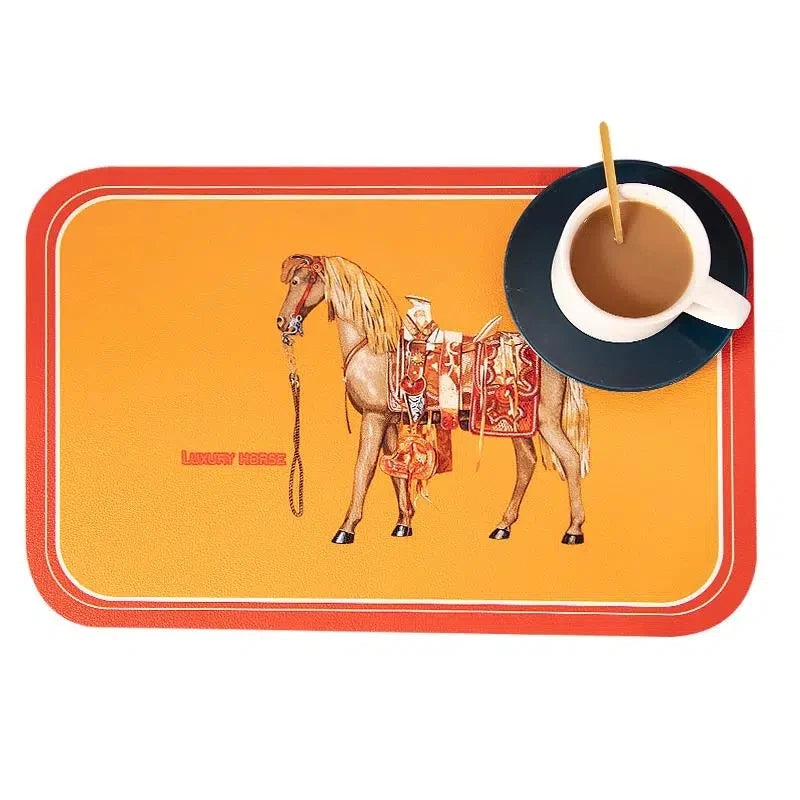 tapis table vintage illustration chevaux ornements dorés bordures géométriques orange bleu vert