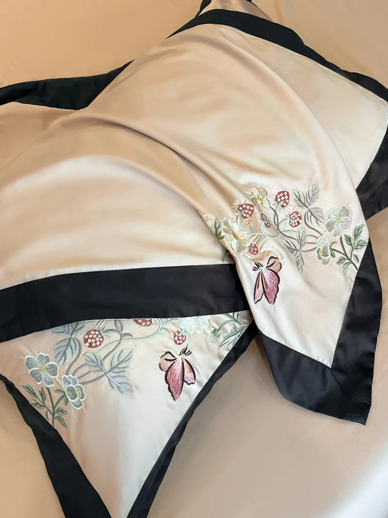 ensemble literie quatre pièces coton broderie florale classique beige housse couette drap taies
