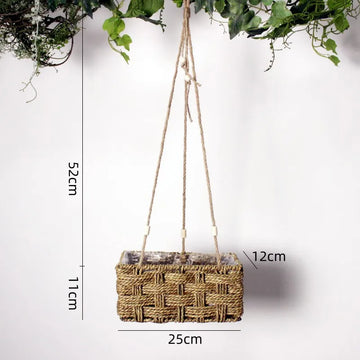 paniers suspendus rustiques tissés osier naturel plantes vertes decoration maison pastoral cordelette
