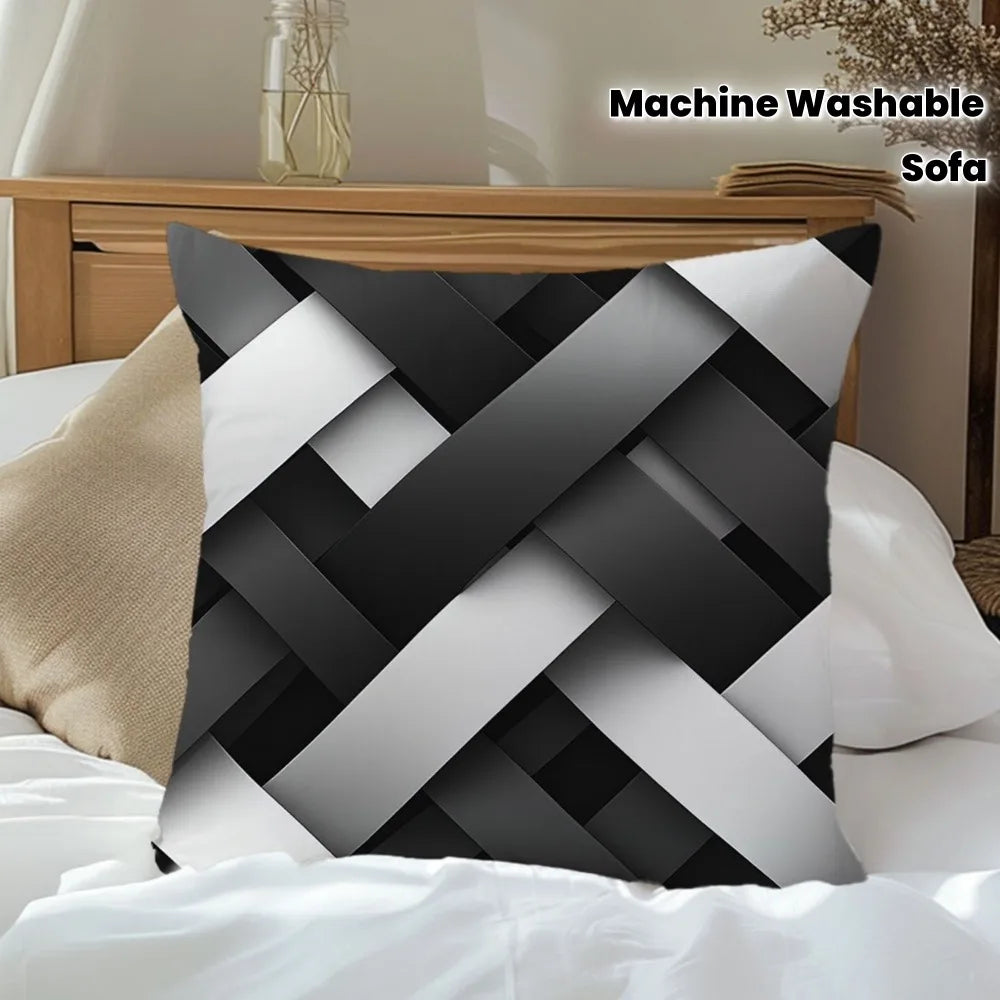 housse coussin double face motif géométrique moderne noir blanc décoratif canapé chambre carreaux polyester